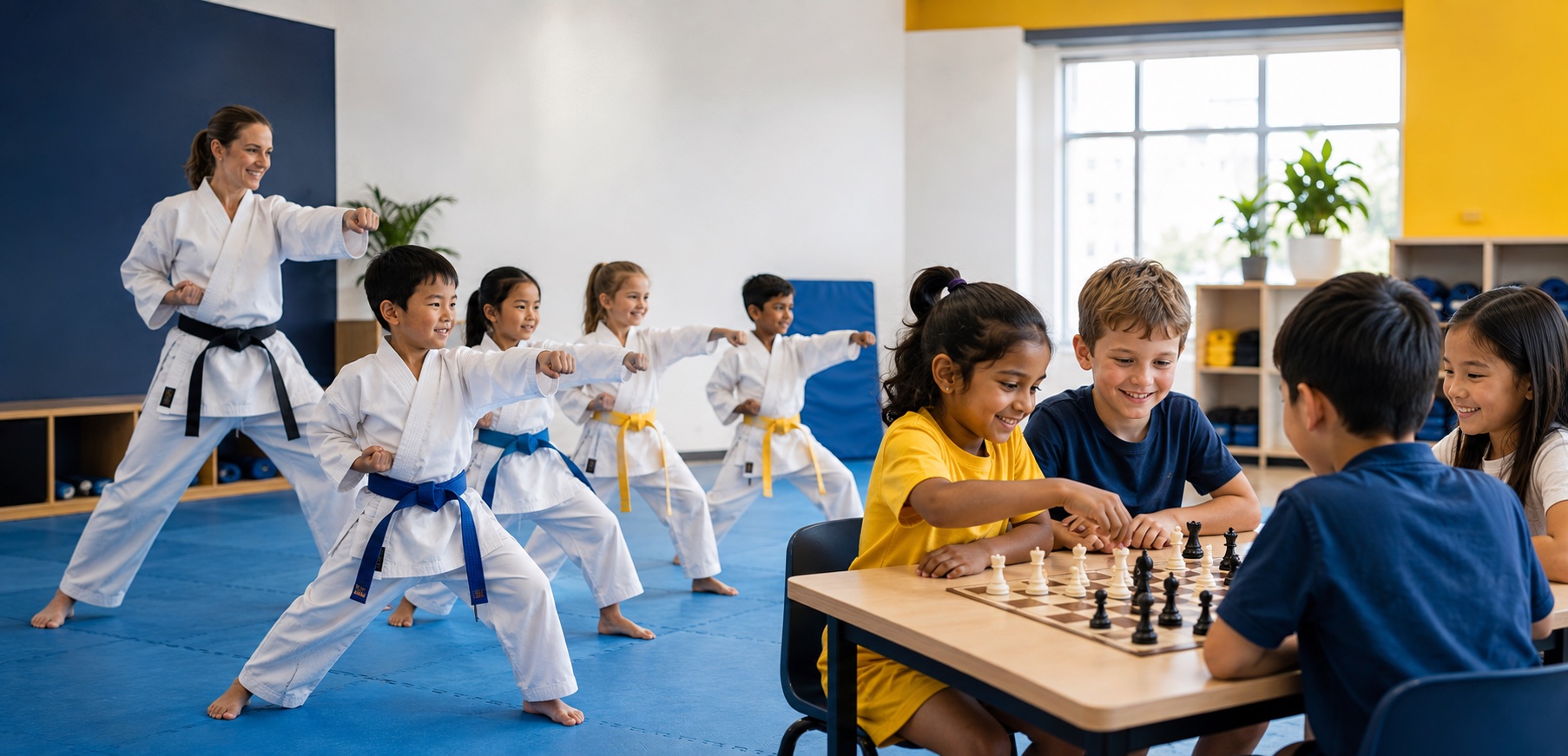 Children enjoying karate and chess training together